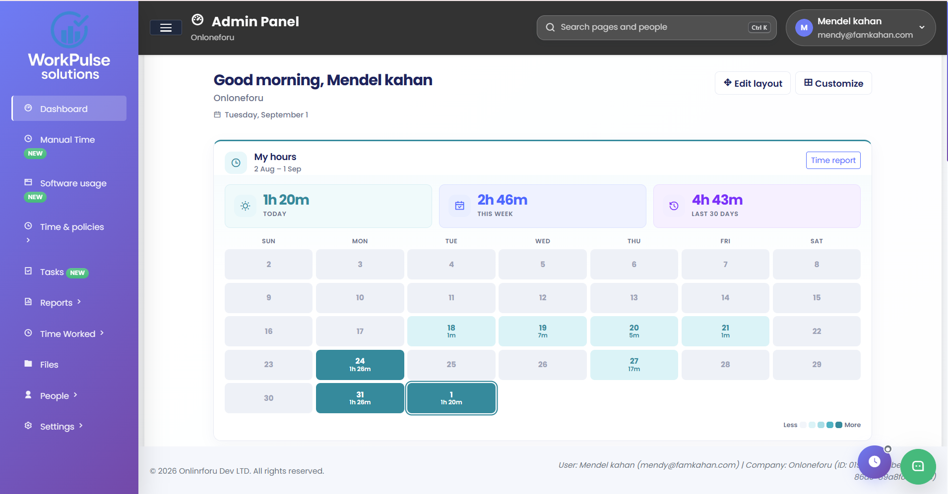 WorkPulse dashboard with hours for today, this week and the last 30 days